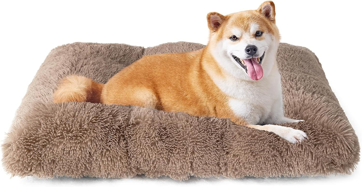 Luxury Long Plush Pet Bed Mat Faux Fur Crate Pad 80x55cm Brown Soft Warm Cushion for Medium to Large Dogs - Image 1