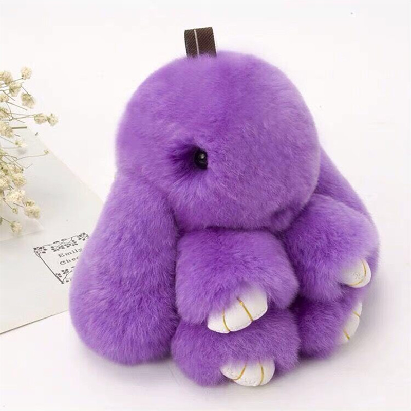 Fluffy Mini Rex Rabbit Fur Keychain Cute Bunny Bag Charm - Soft Plush Animal Doll Key Ring for Car Keys & Handbags - Purple - Image 1