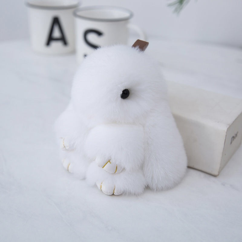 Fluffy Mini Rex Rabbit Fur Keychain Cute Bunny Bag Charm - Soft Plush Animal Doll Key Ring for Car Keys & Handbags - White - Image 1