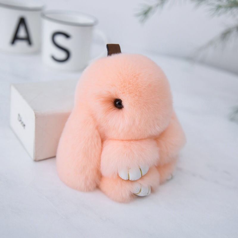 Fluffy Mini Rex Rabbit Fur Keychain Cute Bunny Bag Charm - Soft Plush Animal Doll Key Ring for Car Keys & Handbags - Apricot Pink - Image 1