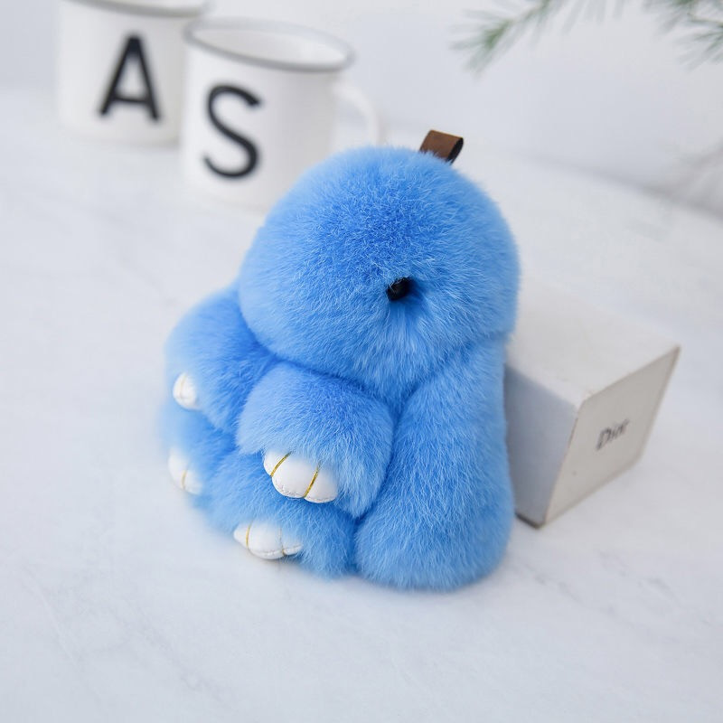 Fluffy Mini Rex Rabbit Fur Keychain Cute Bunny Bag Charm - Soft Plush Animal Doll Key Ring for Car Keys & Handbags - Blue - Image 1