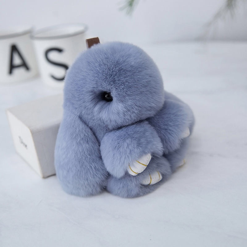 Fluffy Mini Rex Rabbit Fur Keychain Cute Bunny Bag Charm - Soft Plush Animal Doll Key Ring for Car Keys & Handbags - Light Grey - Image 1