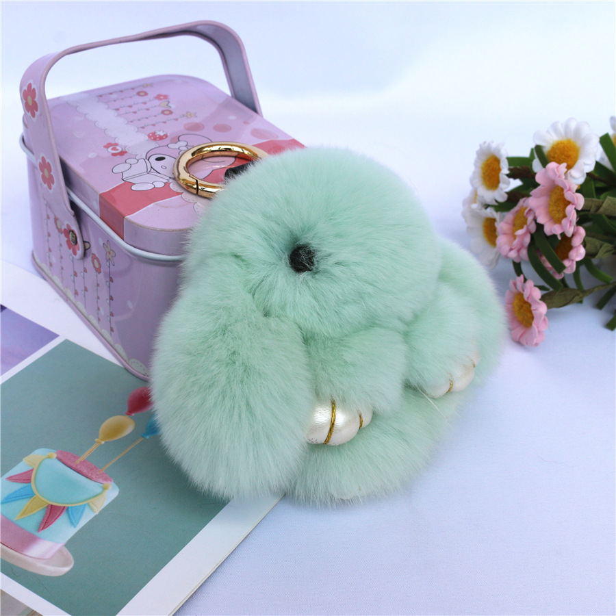 Fluffy Mini Rex Rabbit Fur Keychain Cute Bunny Bag Charm - Soft Plush Animal Doll Key Ring for Car Keys & Handbags - Green - Image 1
