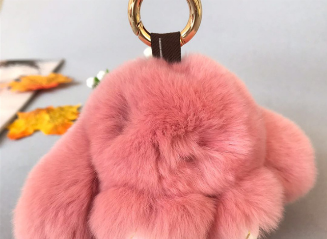 Fluffy Mini Rex Rabbit Fur Keychain Cute Bunny Bag Charm - Soft Plush Animal Doll Key Ring for Car Keys & Handbags - Bean Paste Pink - Image 1