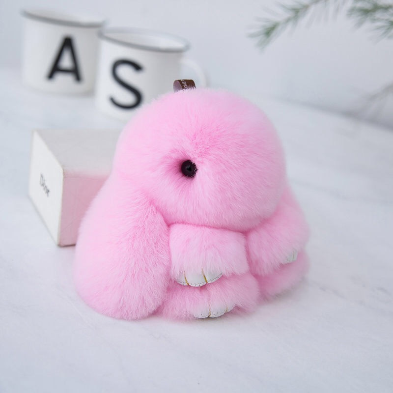 Fluffy Mini Rex Rabbit Fur Keychain Cute Bunny Bag Charm - Soft Plush Animal Doll Key Ring for Car Keys & Handbags - Cherry Blossom Pink - Image 1