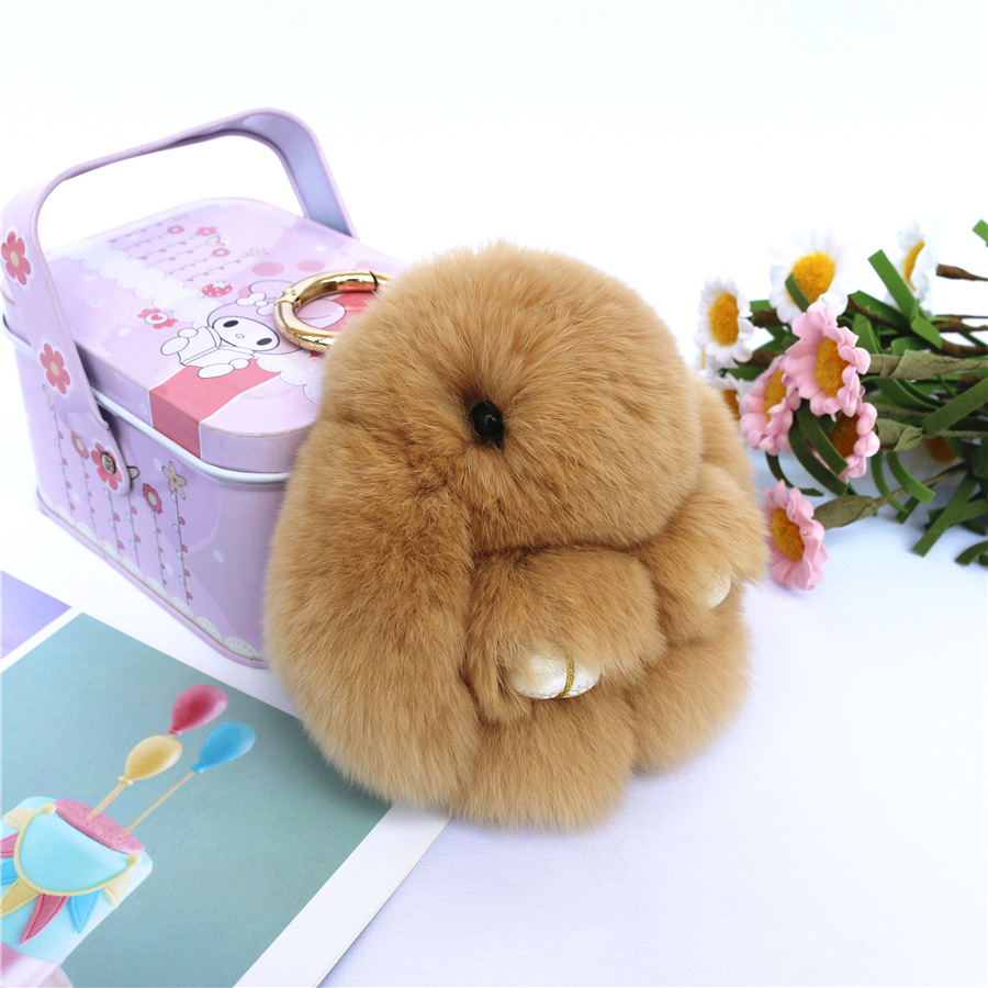Fluffy Mini Rex Rabbit Fur Keychain Cute Bunny Bag Charm - Soft Plush Animal Doll Key Ring for Car Keys & Handbags - Khaki - Image 1
