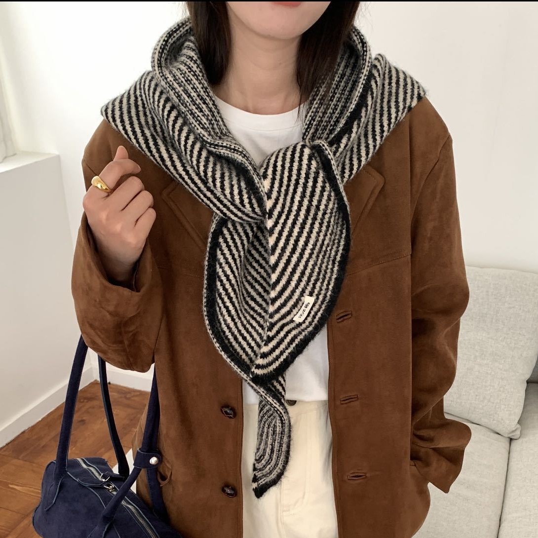 Striped Wool Blend Knitted Triangle Scarf - Soft Warm Shawl Neck Wrap for Women - Chic Autumn Layering Accessory - Black & White - Image 1