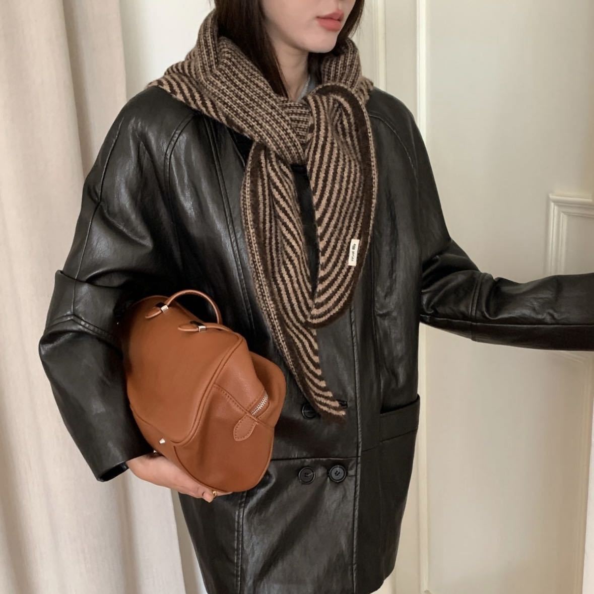Coffee Striped Wool Blend Knitted Triangle Scarf - Soft Warm Shawl Neck Wrap for Women - Chic Autumn Layering Accessory - Brown - Image 1