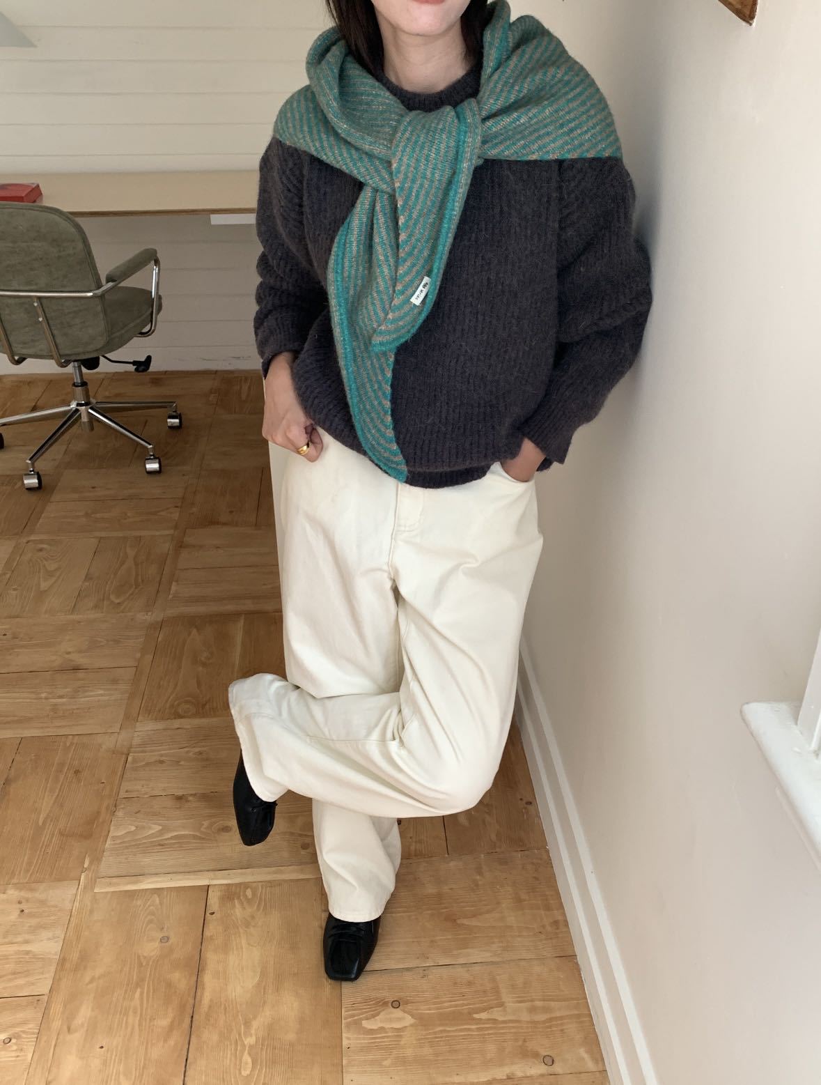 Teal Green Striped Wool Blend Knitted Triangle Scarf - Soft Warm Shawl Neck Wrap for Women - Chic Autumn Layering Accessory - Green - Image 1