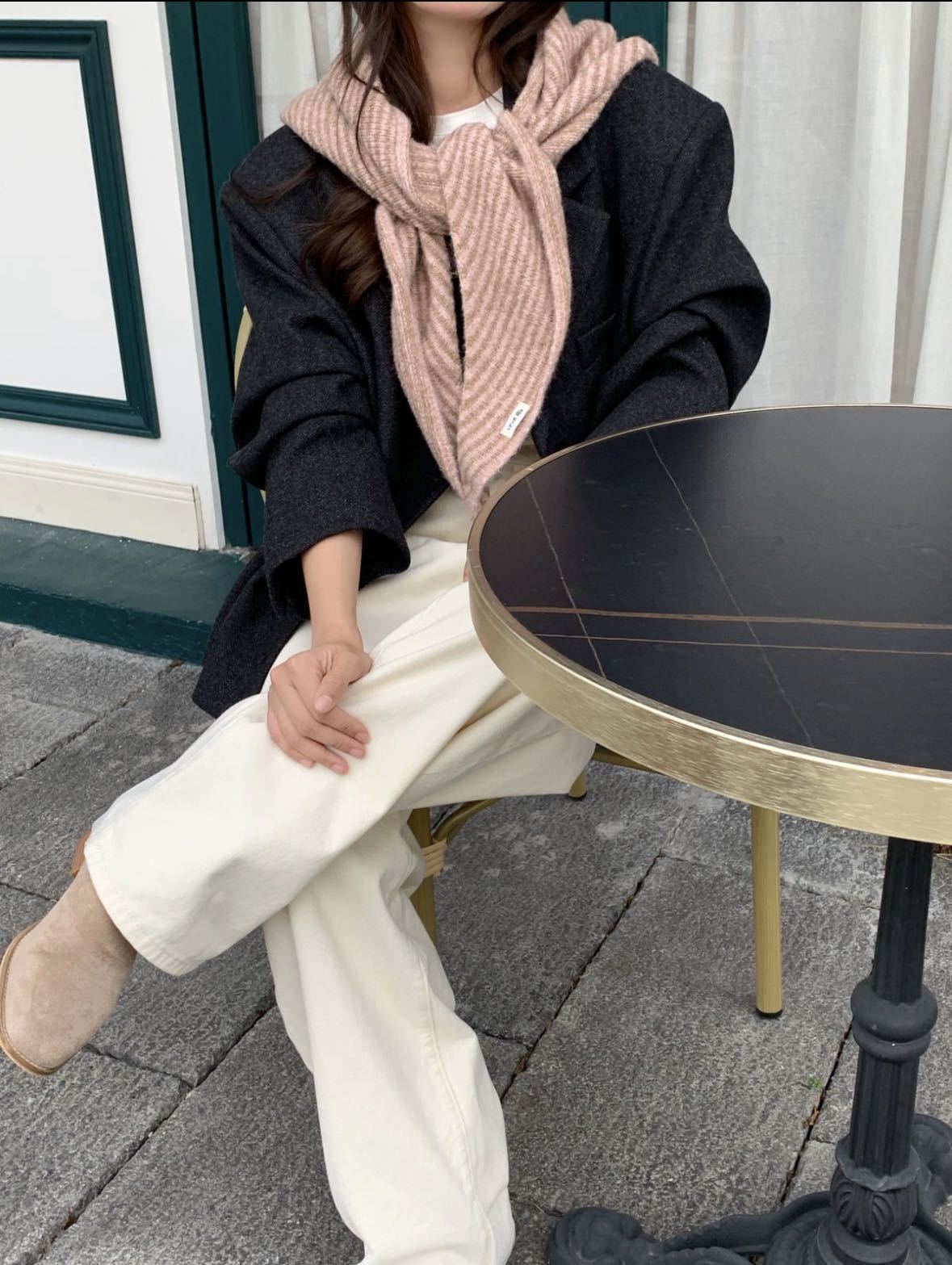 Dusty Pink Striped Wool Blend Knitted Triangle Scarf - Soft Warm Shawl Neck Wrap for Women - Chic Autumn Layering Accessory - Pink - Image 1