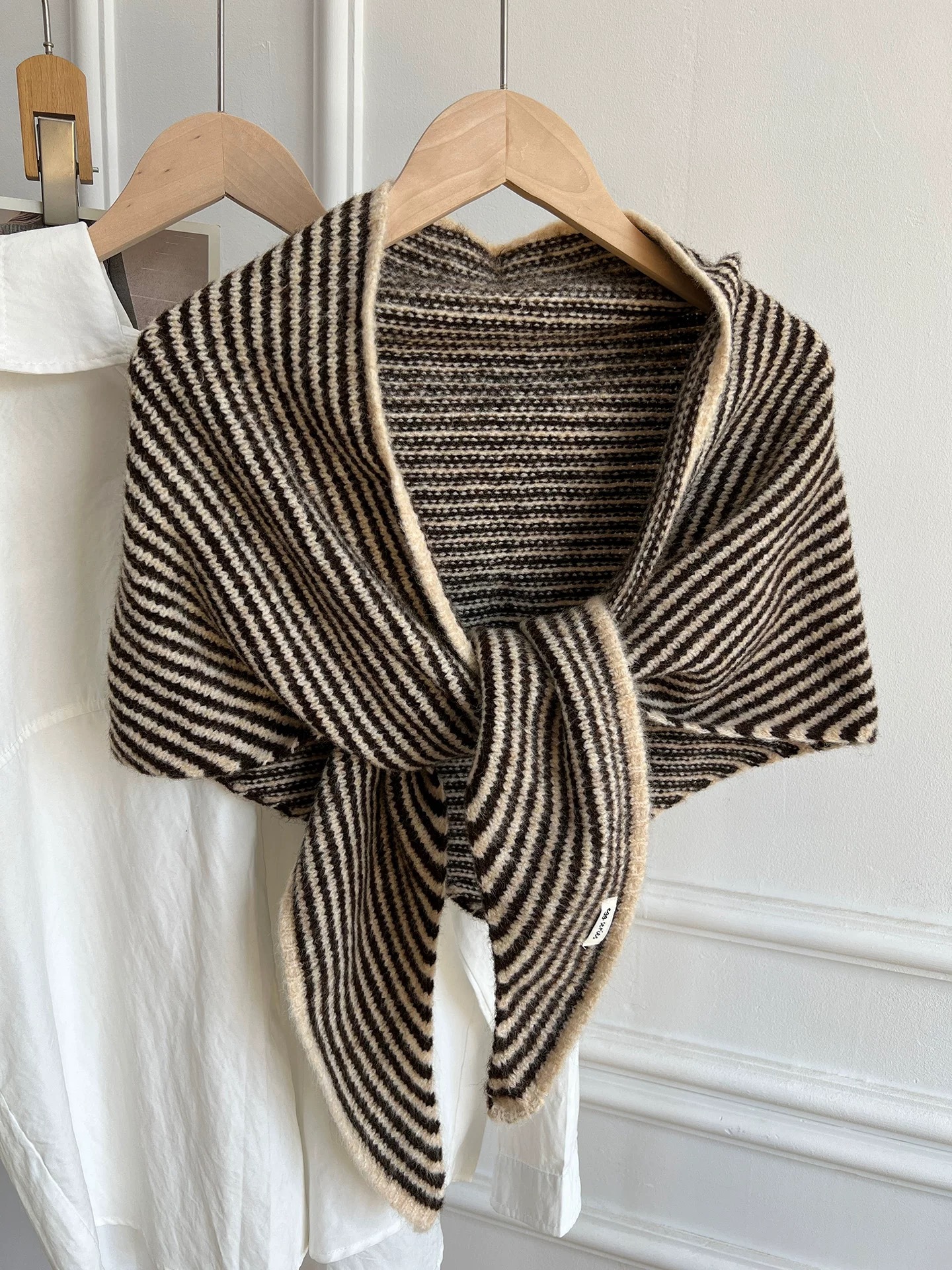Light Khaki Striped Wool Blend Knitted Triangle Scarf - Soft Warm Shawl Neck Wrap for Women - Chic Autumn Layering Accessory - Beige - Image 1