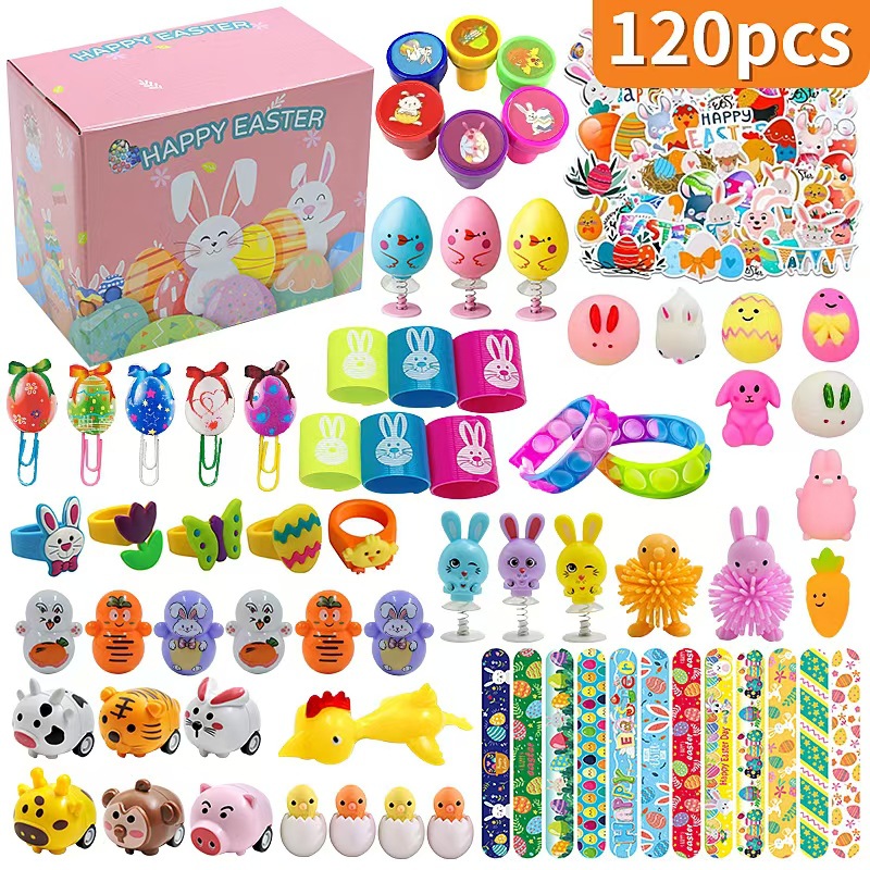 120Pcs Easter Egg Fillers Toy Assortment - Bulk Party Favours for Kids - Mini Toys, Stamps, Slap Bands & Stickers - Ideal for Egg Hunts & Classroom Prizes - Image 1