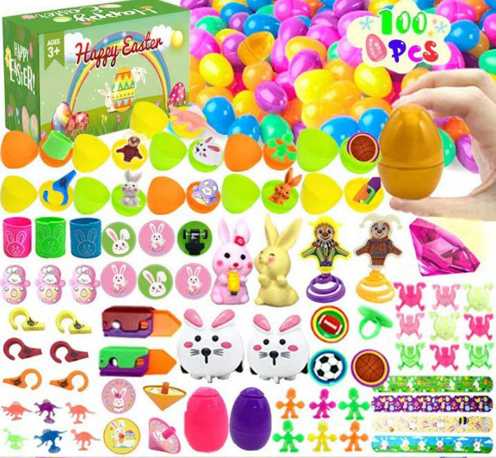 100 PCS Easter Eggs with 100 Toy Fillers - Bulk Surprise Plastic Eggs & Mini Toys Set - Includes Golden Egg - Ideal for Large Egg Hunts & Party Favours - Image 1