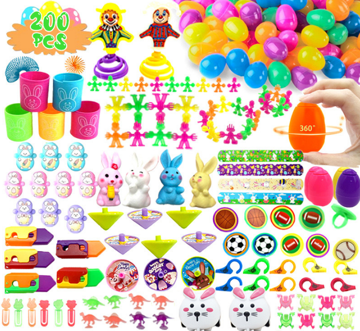 200 PCS Easter Party Favours Set with Plastic Eggs & Assorted Toys - Bulk Fillers for Kids Egg Hunts, Basket Stuffers & Classroom Rewards - Image 1