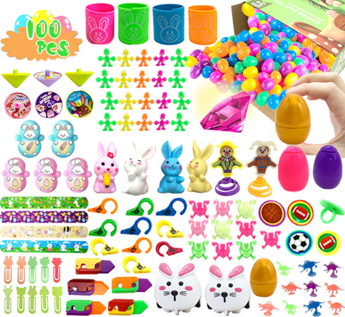 100 PCS Easter Party Favours Set with Plastic Eggs & Novelty Toys - Assorted Fillers for Kids Egg Hunts, Basket Stuffers & School Rewards - Image 1
