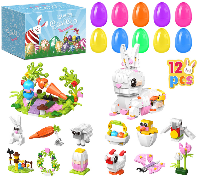 12 PCS Pre-filled Easter Eggs with Mini Building Block Toys - Creative Construction Figures (Bunny, Chick, Sheep) for Kids Egg Hunt, Party Favours & Basket Stuffers - Image 1