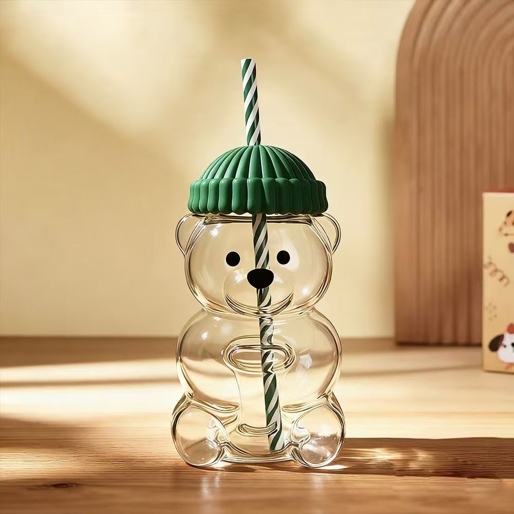 Creative Bear Shape Glass Water Bottle with Straw Cute Cartoon Coffee Cup and Cold Drink Tumbler – Green Hat Bear Edition - Image 1