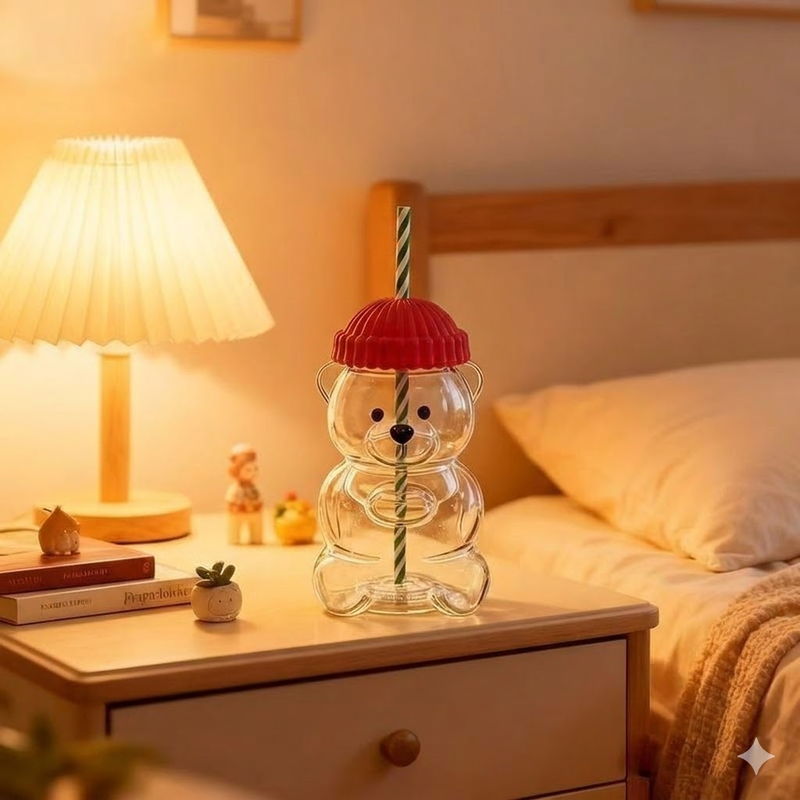 Creative Bear Shape Glass Water Bottle with Straw Cute Cartoon Coffee Cup and Cold Drink Tumbler – Red Hat Bear Edition - Image 1