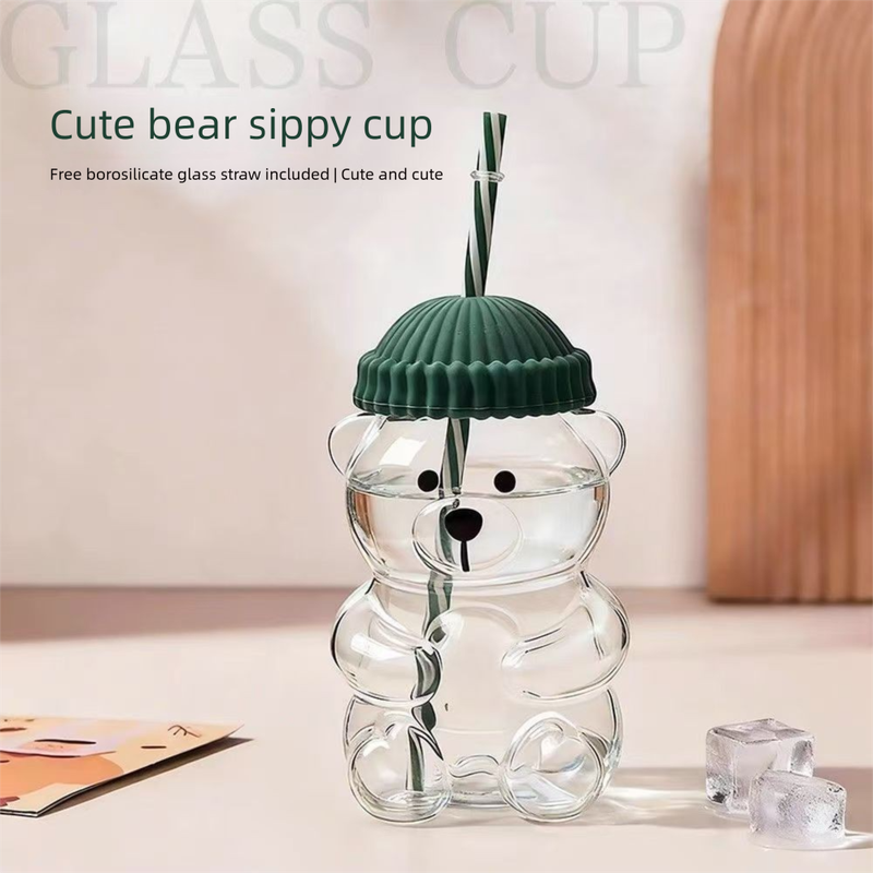 Creative Bear Shape Glass Water Bottle with Straw Cute Cartoon Coffee Cup and Cold Drink Tumbler – Red Hat Bear Edition - Image 2