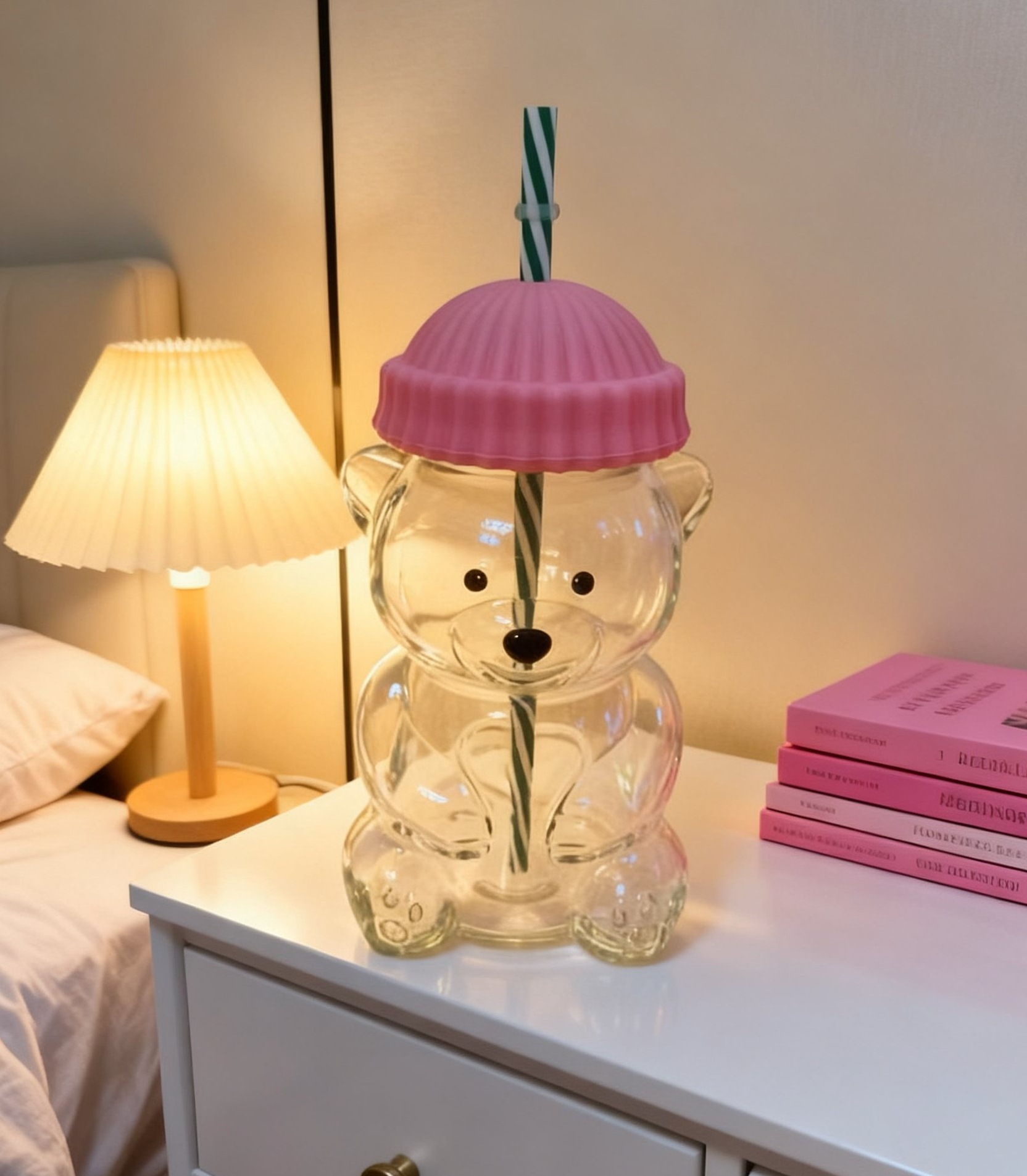 Creative Bear Shape Glass Water Bottle with Straw Cute Cartoon Coffee Cup and Cold Drink Tumbler – Pink Hat Bear Edition - Image 1