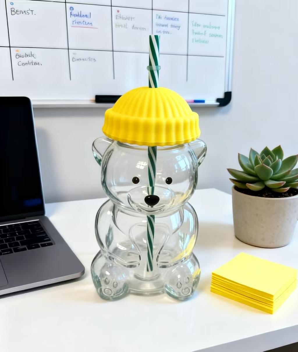 Creative Bear Shape Glass Water Bottle with Straw Cute Cartoon Coffee Cup and Cold Drink Tumbler – Yellow Hat Bear Edition - Image 1