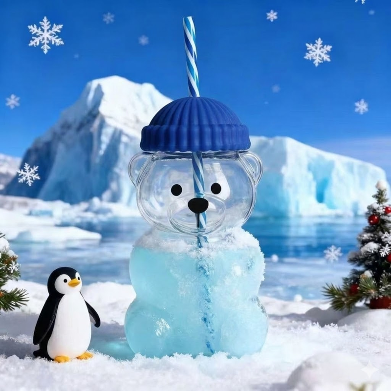 Creative Bear Shape Glass Water Bottle with Straw Cute Cartoon Coffee Cup and Cold Drink Tumbler – Blue Hat Bear Edition - Image 1
