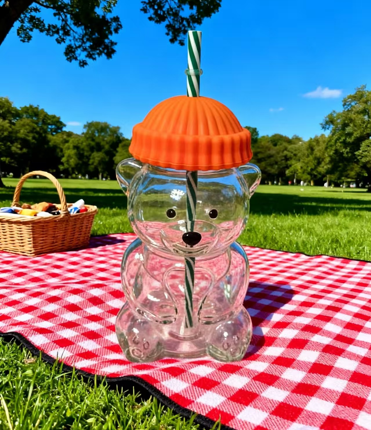 Creative Bear Shape Glass Water Bottle with Straw Cute Cartoon Coffee Cup and Cold Drink Tumbler – Orange Hat Bear Edition - Image 1