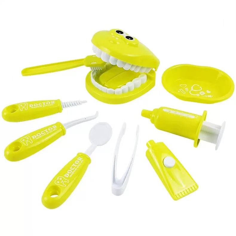 9 Piece Kids Dentist Pretend Play Set - Yellow Educational Medical Kit with Teeth Model, Toothbrush & Tools - Oral Hygiene Learning Toy for Toddlers & Preschoolers - Image 1