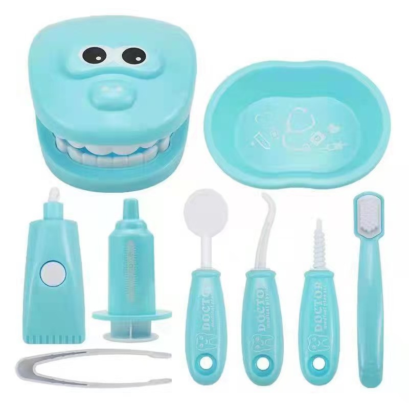 9 Piece Kids Dentist Pretend Play Set - Blue Educational Medical Kit with Teeth Model, Toothbrush & Tools - Oral Hygiene Learning Toy for Toddlers & Preschoolers - Image 1