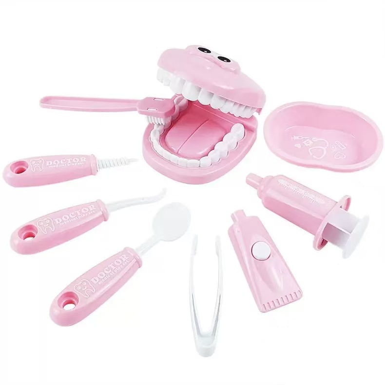 9 Piece Kids Dentist Pretend Play Set - Pink Educational Medical Kit with Teeth Model, Toothbrush & Tools - Oral Hygiene Learning Toy for Toddlers & Preschoolers - Image 1
