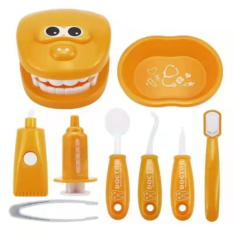 9 Piece Kids Dentist Pretend Play Set - Orange Educational Medical Kit with Teeth Model, Toothbrush & Tools - Oral Hygiene Learning Toy for Toddlers & Preschoolers - Image 1