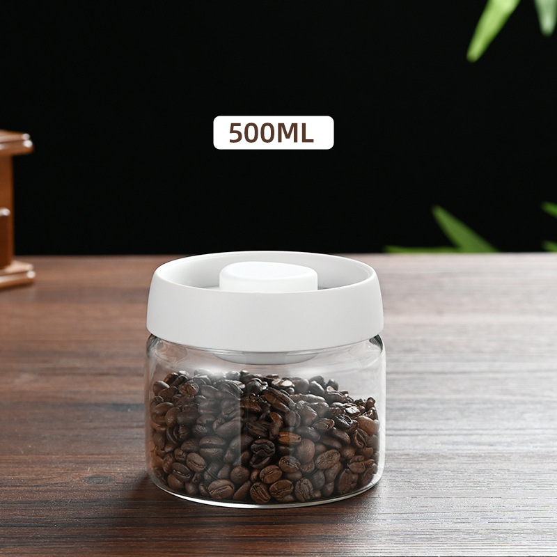 500ml Vacuum Sealed Glass Coffee Canister - One-Press Airtight Food Storage Jar - Moisture-Proof High Borosilicate Container for Beans & Tea (White Lid) - Image 1