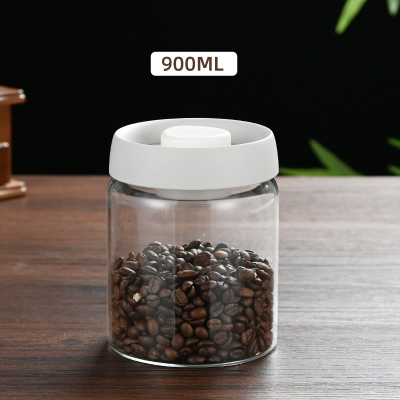 900ml Vacuum Sealed Glass Coffee Canister - One-Press Airtight Storage Jar - Medium Size Moisture-Proof Borosilicate Container for Beans & Pantry (White Lid) - Image 1