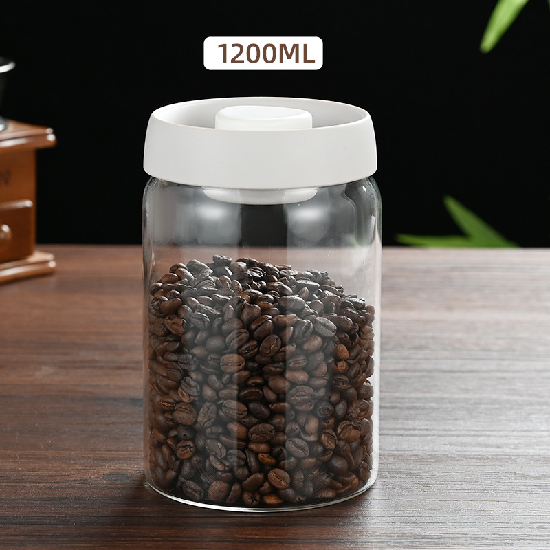 1200ml Large Vacuum Sealed Glass Canister - One-Press Airtight Food Storage Jar - High Borosilicate Coffee Bean Container & Pantry Organiser (White Lid) - Image 1