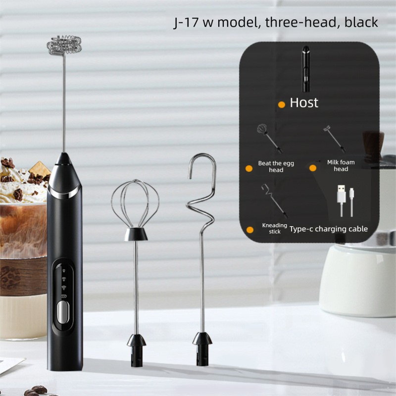 Rechargeable 3-in-1 Handheld Milk Frother Set - Electric Whisk with Egg Beater & Mixing Hook - 3 Speed Adjustable Foam Maker for Coffee, Lattes, Baking & Baby Food (Black) - Image 1