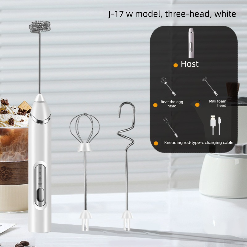 Rechargeable 3-in-1 Handheld Milk Frother Set - Electric Whisk with Egg Beater & Mixing Hook - 3 Speed Adjustable Foam Maker for Coffee, Lattes, Baking & Baby Food (White) - Image 1
