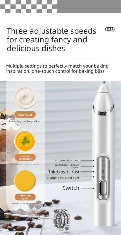 Rechargeable 3-in-1 Handheld Milk Frother Set - Electric Whisk with Egg Beater & Mixing Hook - 3 Speed Adjustable Foam Maker for Coffee, Lattes, Baking & Baby Food (White) - Image 3