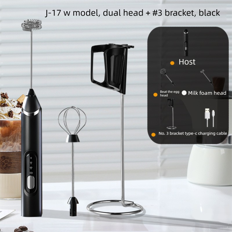 Rechargeable Electric Milk Frother with Metal Stand - Handheld Foam Maker & Egg Beater Set - 3 Speed Mixer with 2 Stainless Steel Whisks for Flat Whites, Lattes & Baking (Black) - Image 1