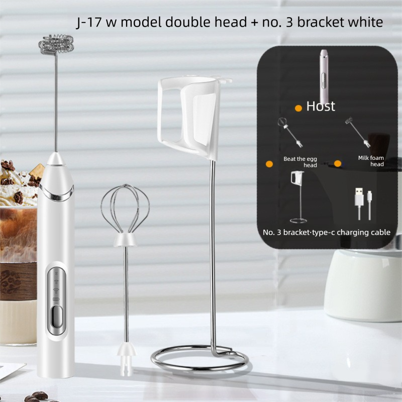 Rechargeable Electric Milk Frother with Metal Stand - Handheld Foam Maker & Egg Beater Set - 3 Speed Mixer with 2 Stainless Steel Whisks for Flat Whites, Lattes & Baking (White) - Image 1