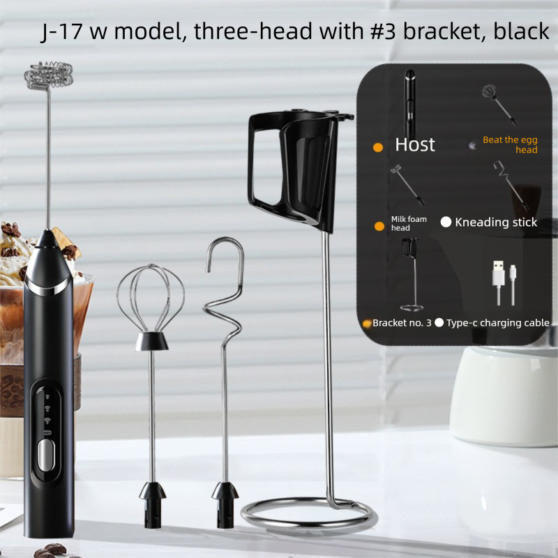 Rechargeable 3-in-1 Milk Frother Set with Metal Stand - Handheld Electric Whisk, Egg Beater & Mixing Hook - 3 Speed Foam Maker for Coffee, Lattes & Baking (Black) - Image 1