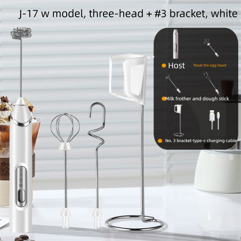 Rechargeable 3-in-1 Milk Frother Set with Metal Stand - Handheld Electric Whisk, Egg Beater & Mixing Hook - 3 Speed Foam Maker for Coffee, Lattes & Baking (White) - Image 1