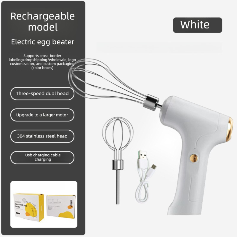Cordless Electric Hand Mixer - Rechargeable 3-Speed Egg Beater & Cream Whisk - Lightweight Self-Standing Design for Baking, Cake & Batter (White) - Image 1