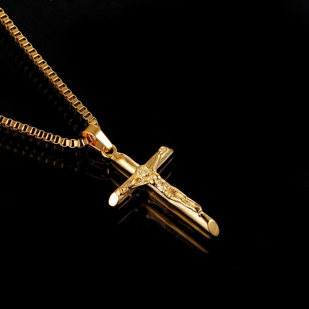 Men's Vintage Gold Cross Pendant Necklace Stainless Steel Titanium Steel Sweater Chain – Luxury Gold Finish with 60cm Box Chain - Image 1