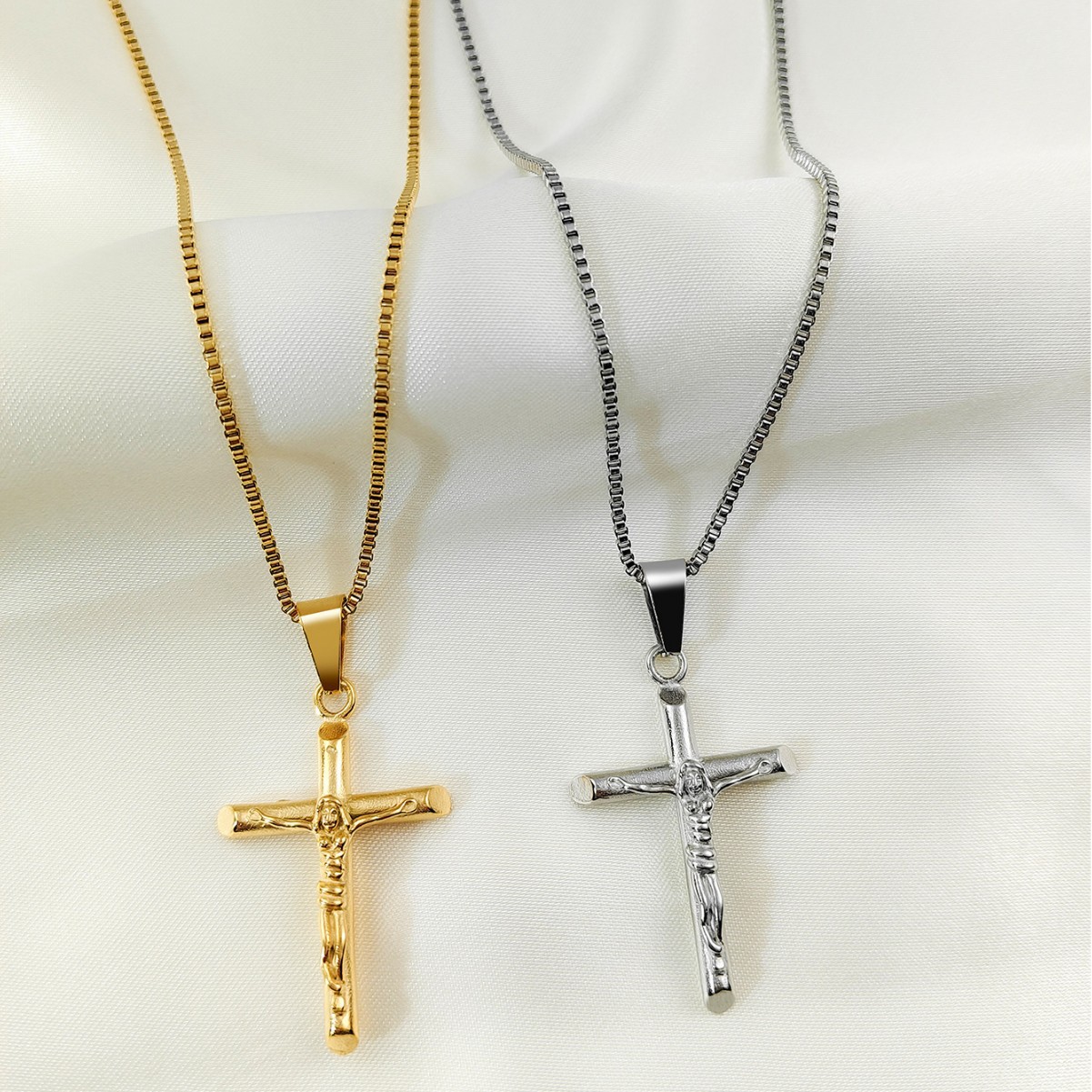 Men's Vintage Cross Pendant Necklace 2-Piece Set – Includes Classic Steel & Luxury Gold Titanium Steel Chains (60cm Box Chain) - Image 1