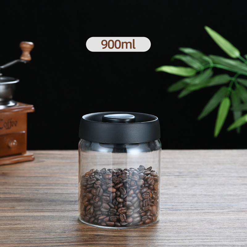 900ml Vacuum Sealed Glass Coffee Canister - One-Press Airtight Storage Jar - Medium Size Moisture-Proof Borosilicate Container for Beans & Pantry (Black Lid) - Image 1