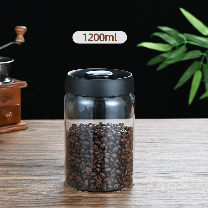 1200ml Large Vacuum Sealed Glass Canister - One-Press Airtight Food Storage Jar - High Borosilicate Coffee Bean Container & Pantry Organiser (Black Lid) - Image 1
