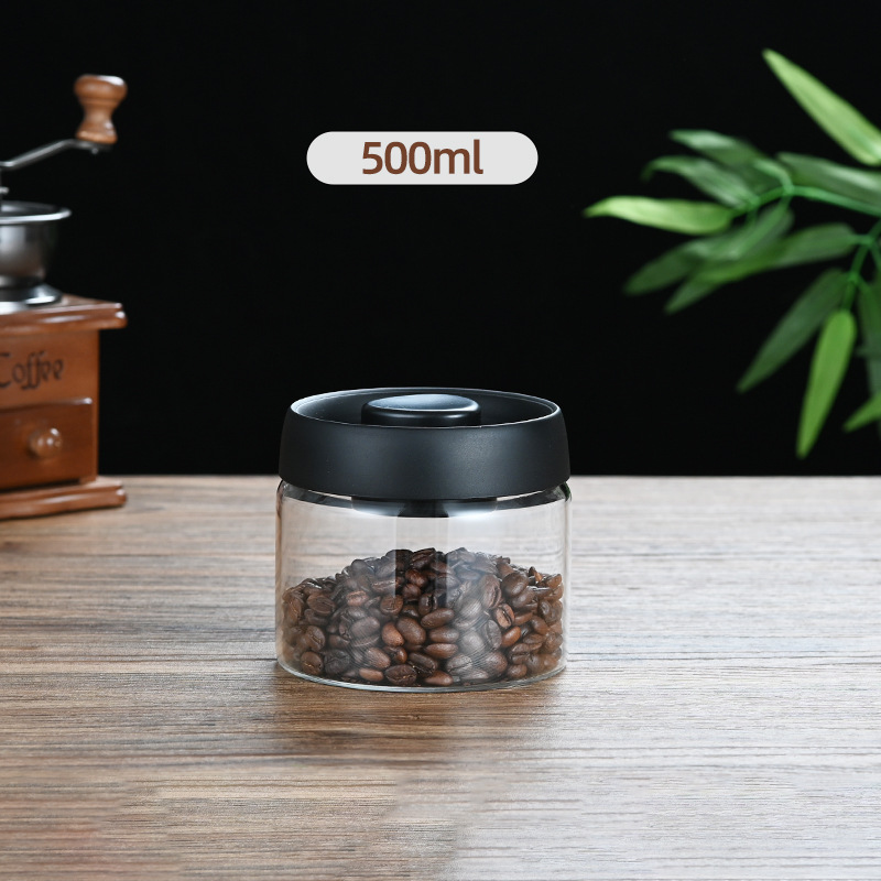 500ml Vacuum Sealed Glass Coffee Canister - One-Press Airtight Food Storage Jar - Moisture-Proof High Borosilicate Container for Beans & Tea (Black Lid) - Image 1