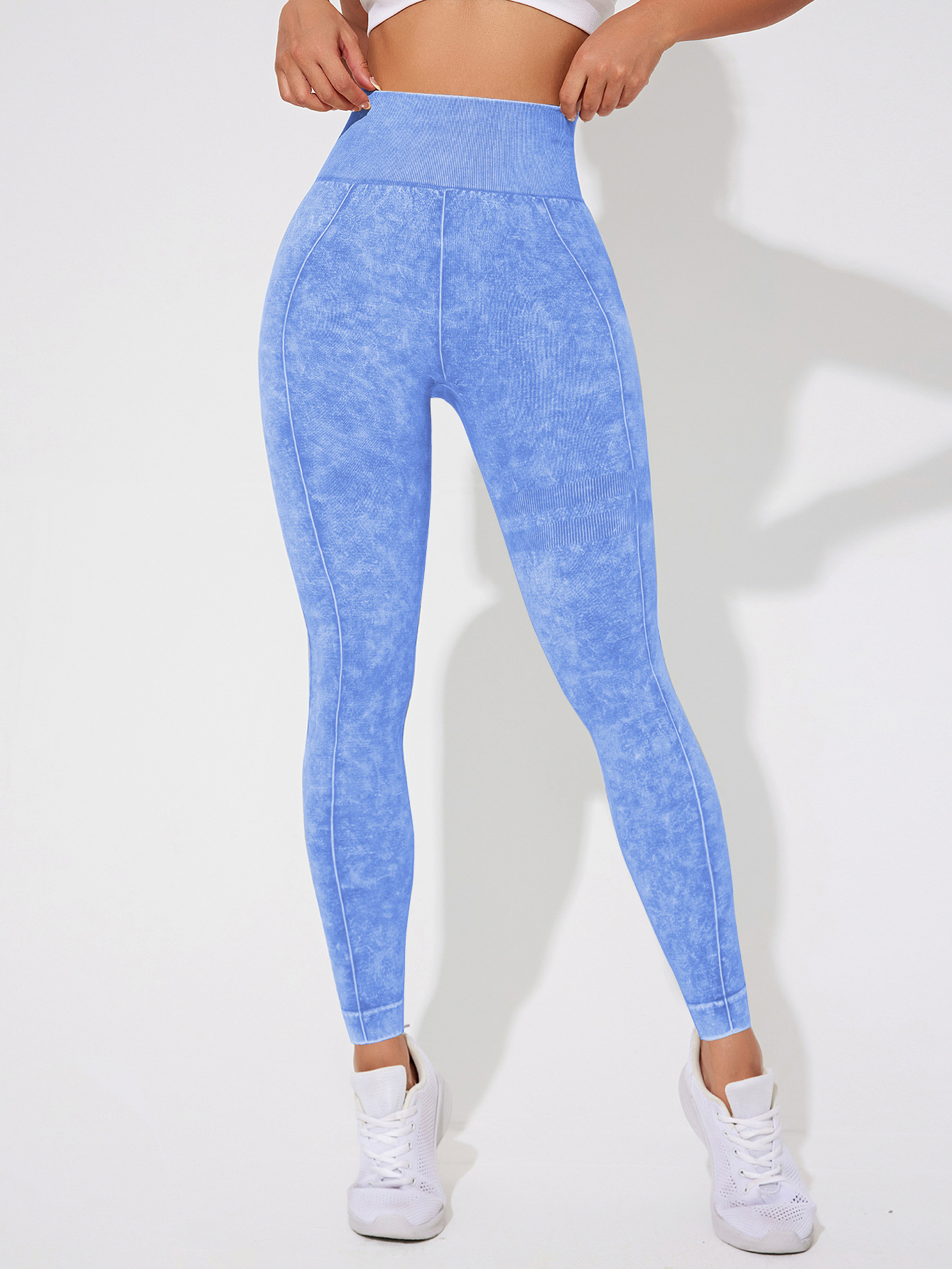 Seamless High Waisted Yoga Leggings 2 PCS Solid Black and Sand Washed Blue Size S Moisture Wicking Activewear - Image 3