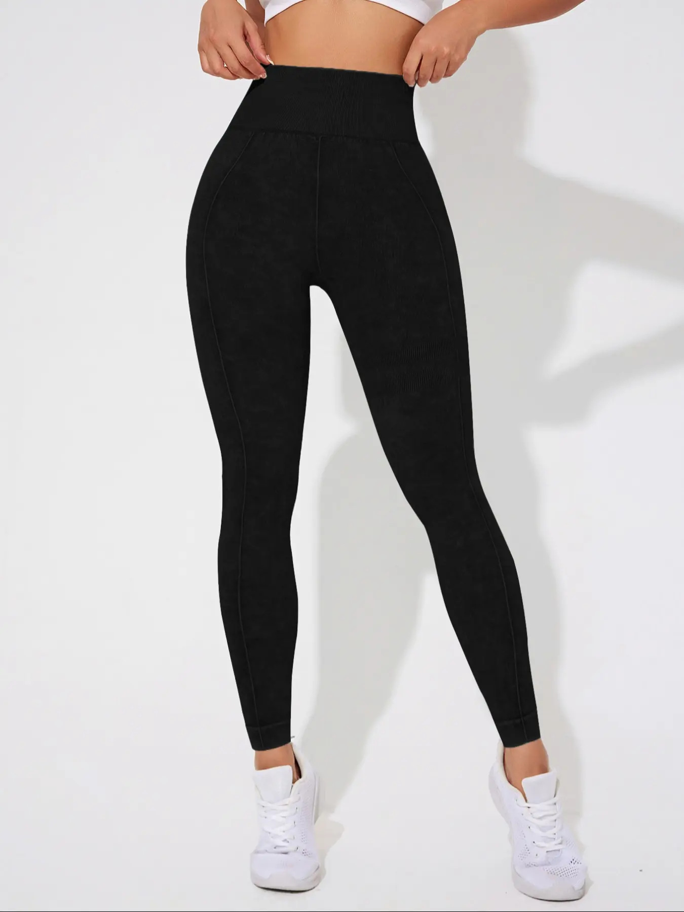 Seamless High Waisted Yoga Leggings 2 PCS Solid Black and Sand Washed Blue Size M Moisture Wicking Activewear - Image 2