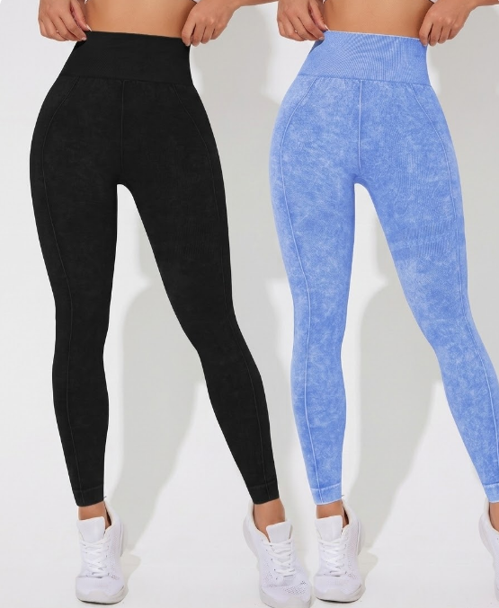 Seamless High Waisted Yoga Leggings 2 PCS Solid Black and Sand Washed Blue Size XL Moisture Wicking Activewear - Image 1